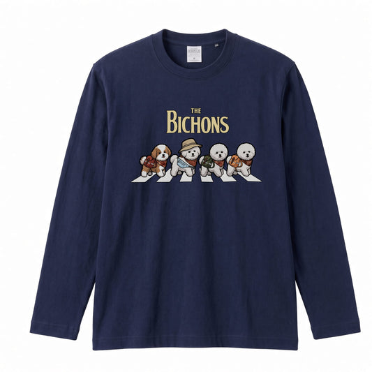 THE BICHONS ビションフリーゼ散歩デザイン ブラック長袖Tシャツ