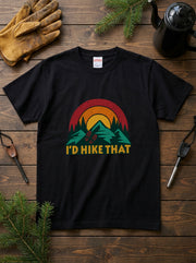 「I'd hike that」ハイキング Tシャツ - レトロ サンセット(夕日)グラフィックTシャツ 登山 キャンプ 服