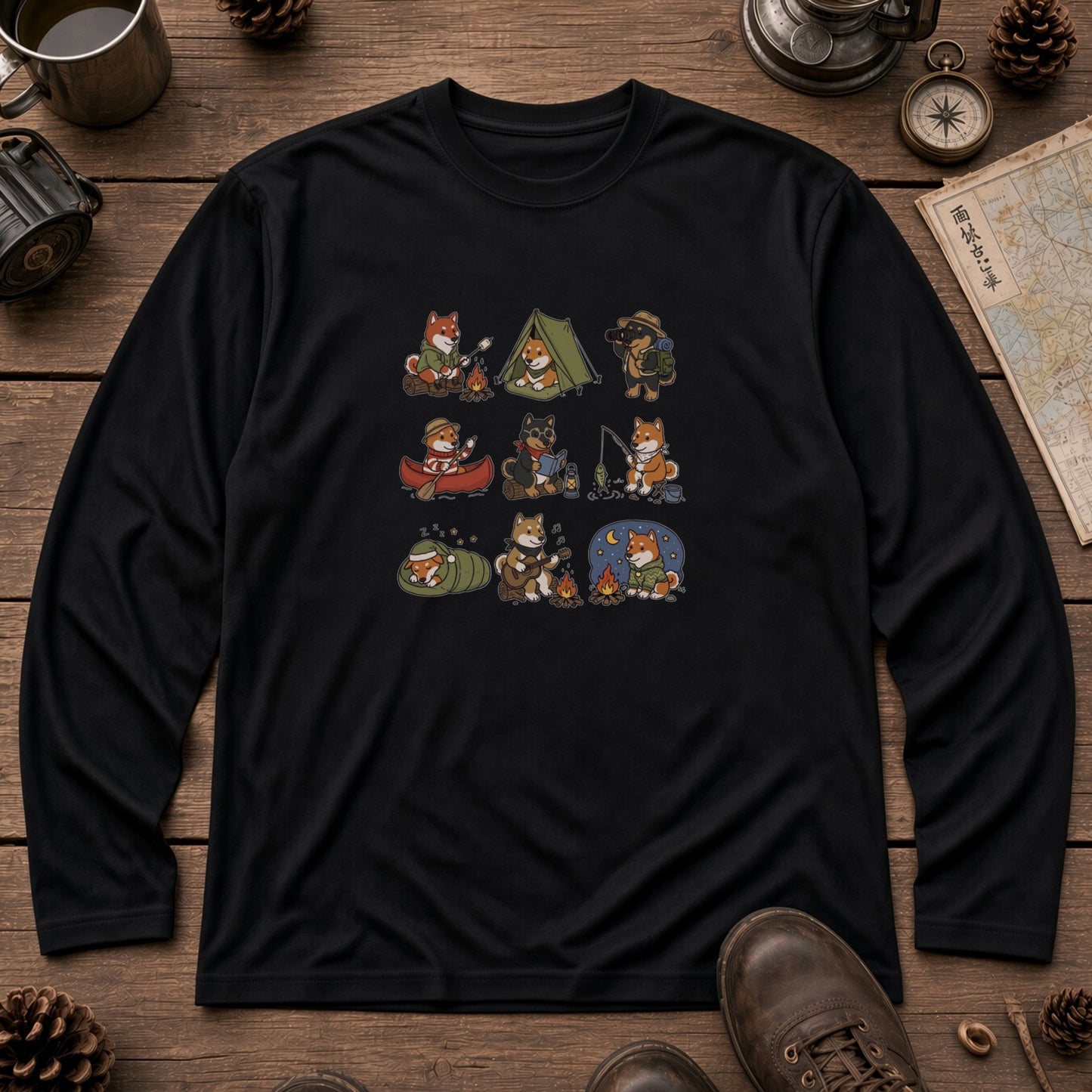 SHIBA CAMP | 手描き風 柴犬 キャンプギア かわいい グラフィック 長袖Tシャツ【和犬雑貨・秋キャンプ・アウトドア・ギフトに最適】