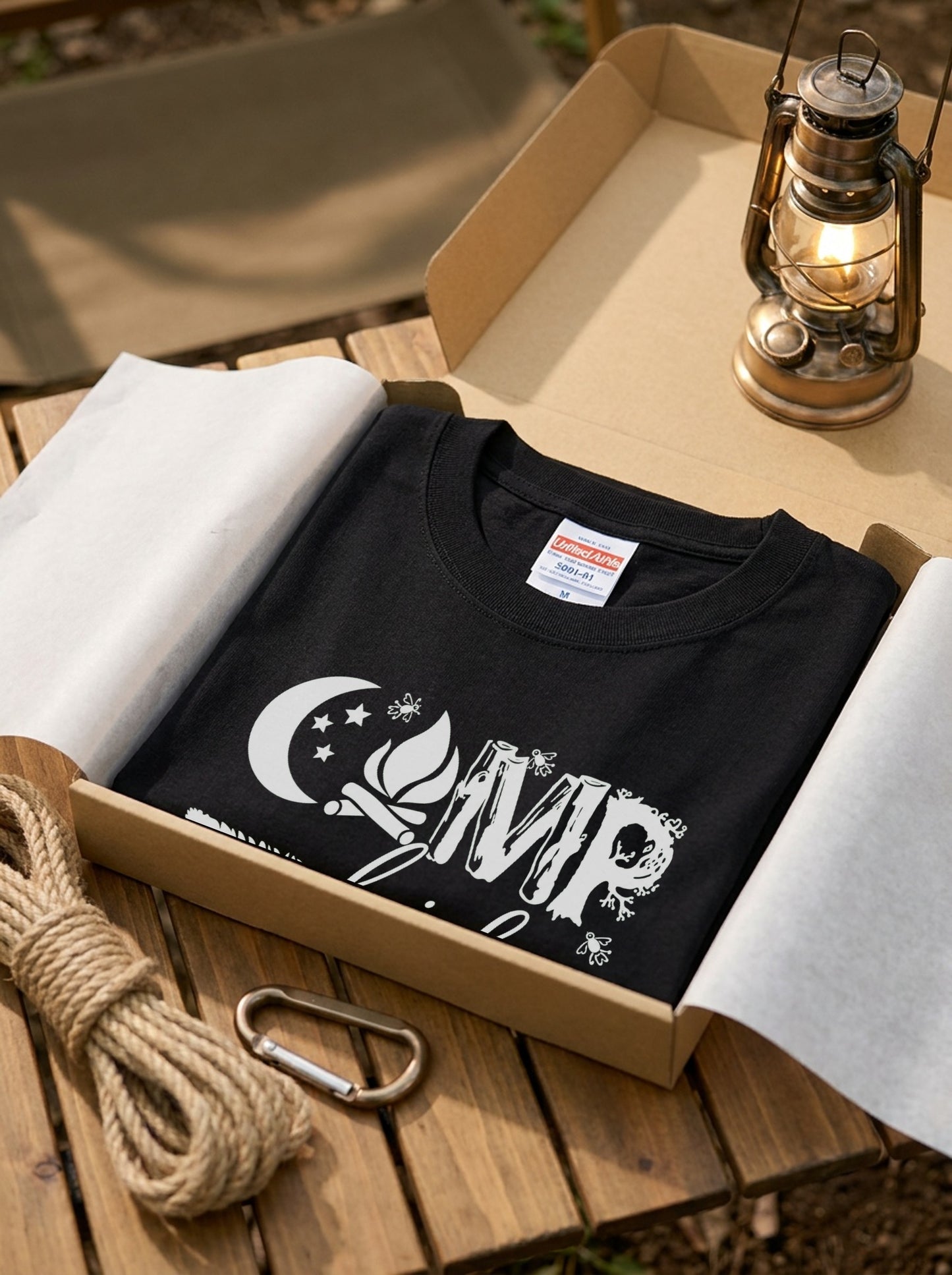 ボタニカル 「CAMP life」 キャンプ Tシャツ - フェザー(羽) 三日月 焚き火 イラストTシャツ アウトドア 服