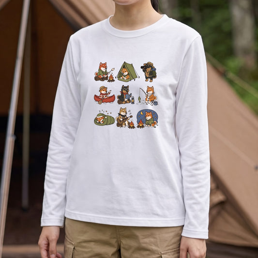 SHIBA CAMP | 手描き風 柴犬 キャンプギア かわいい グラフィック 長袖Tシャツ【和犬雑貨・秋キャンプ・アウトドア・ギフトに最適】