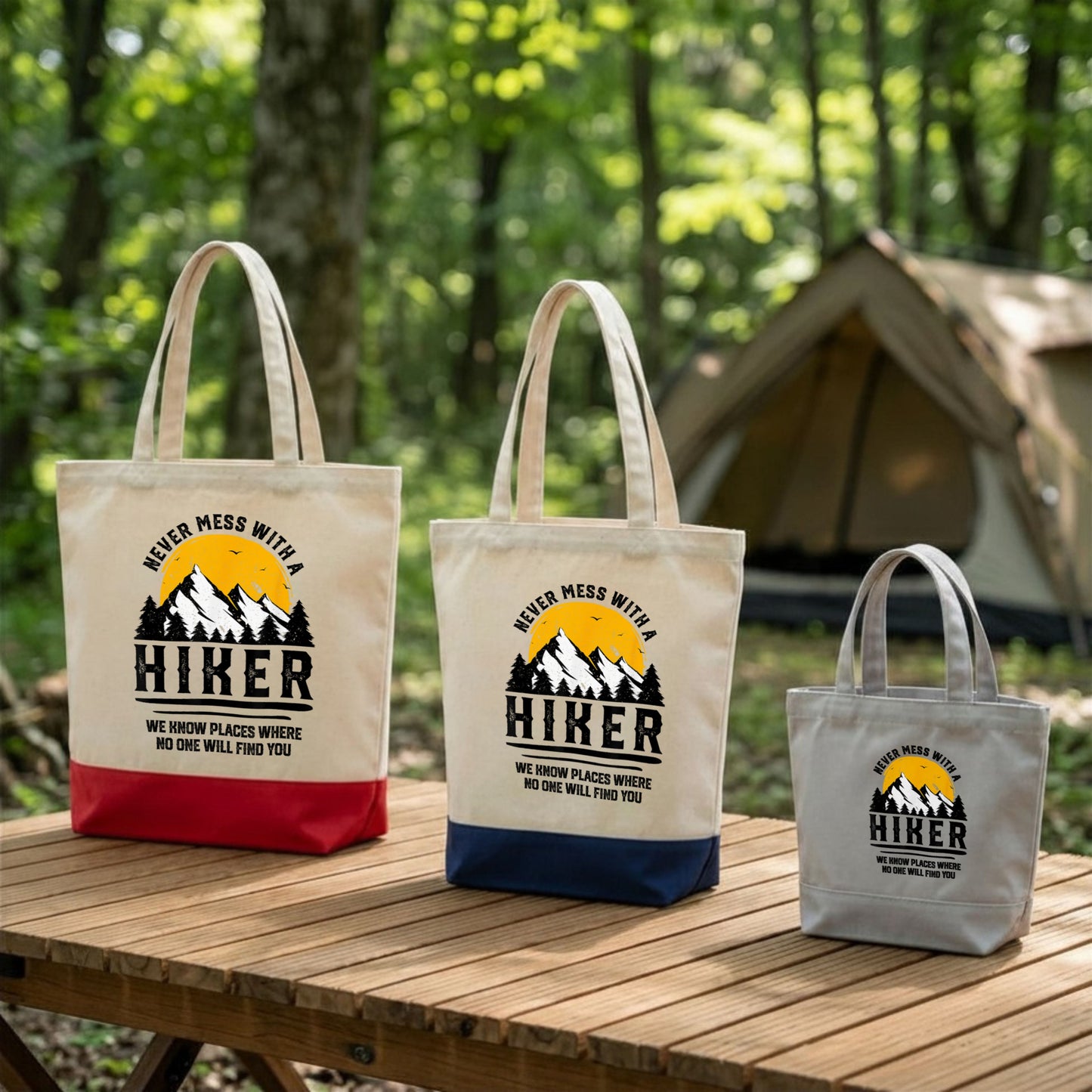 【ハイカー・登山家】「NEVER MESS WITH A HIKER」キャンバストートバッグ | CAMPMODE