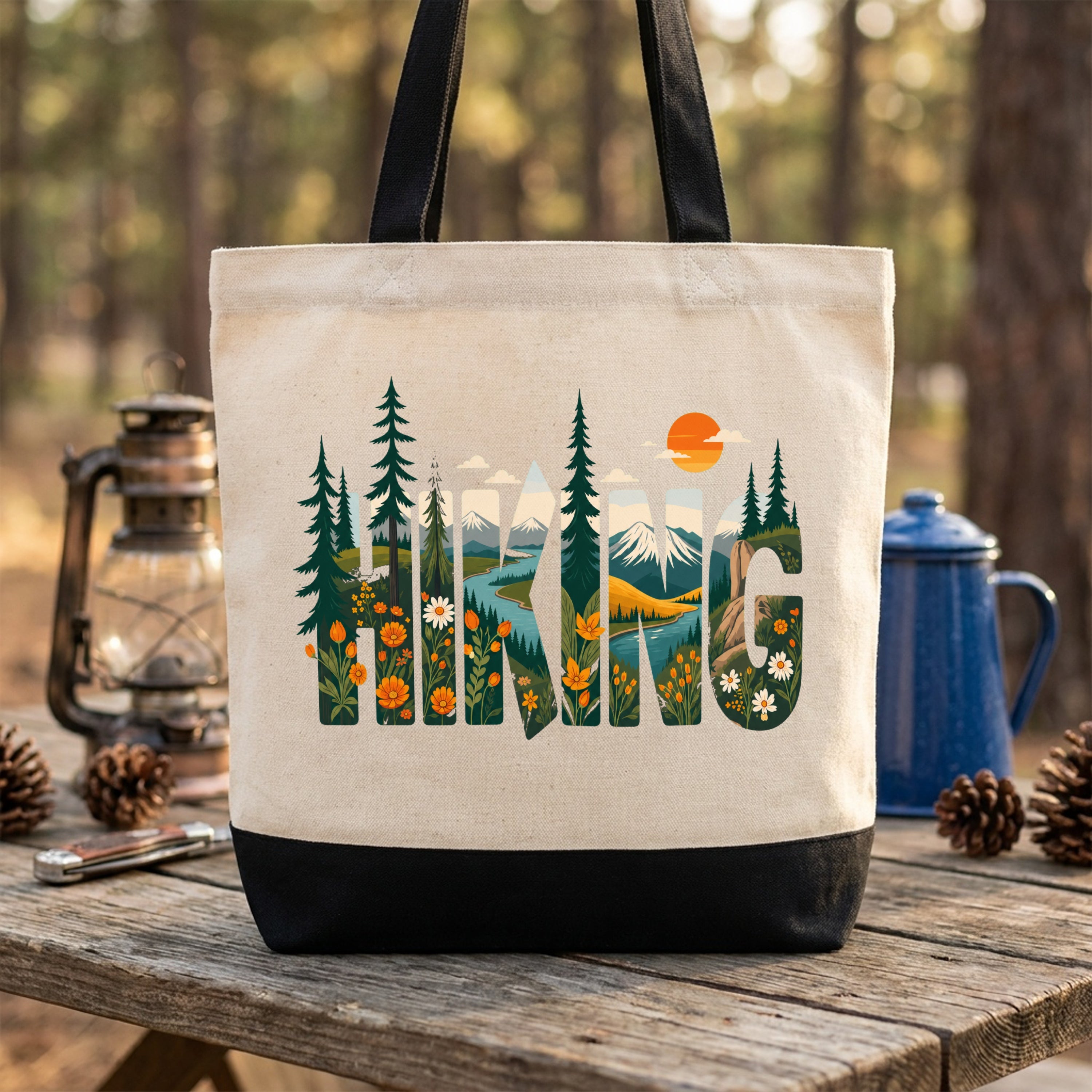 HIKING」自然風景タイポグラフィ キャンバストートバッグ | CAMPMODE 