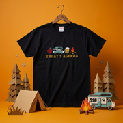 「TODAY'S AGENDA」キャンピングカー 焚き火 Tシャツ - キャンプ 服 | CAMPMODE