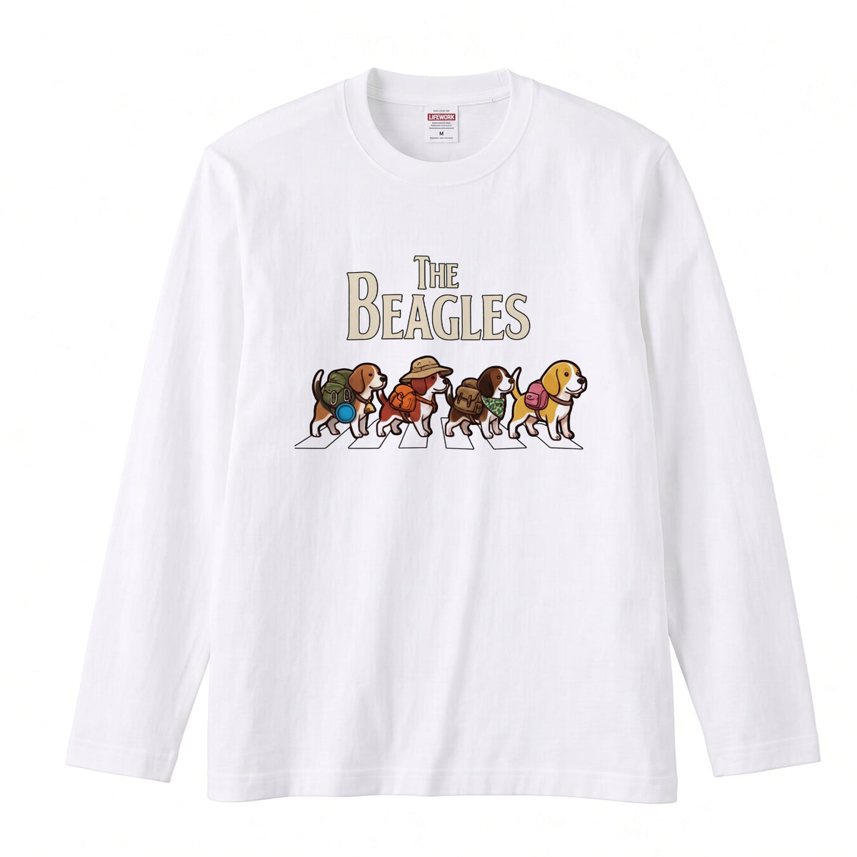 THE BEAGLES ビーグル犬散歩デザイン ホワイト長袖Tシャツ