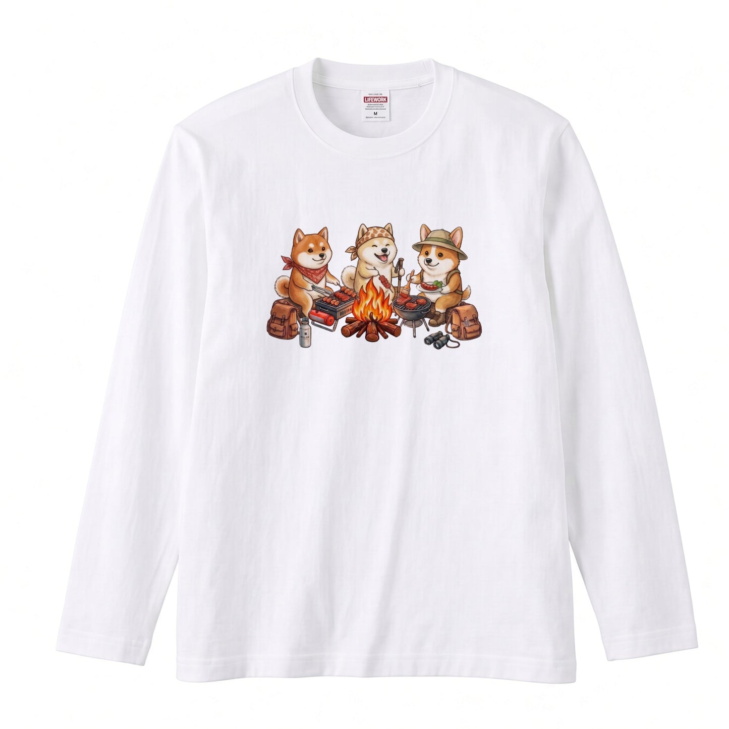 柴犬たちの焚き火BBQ 長袖Tシャツ