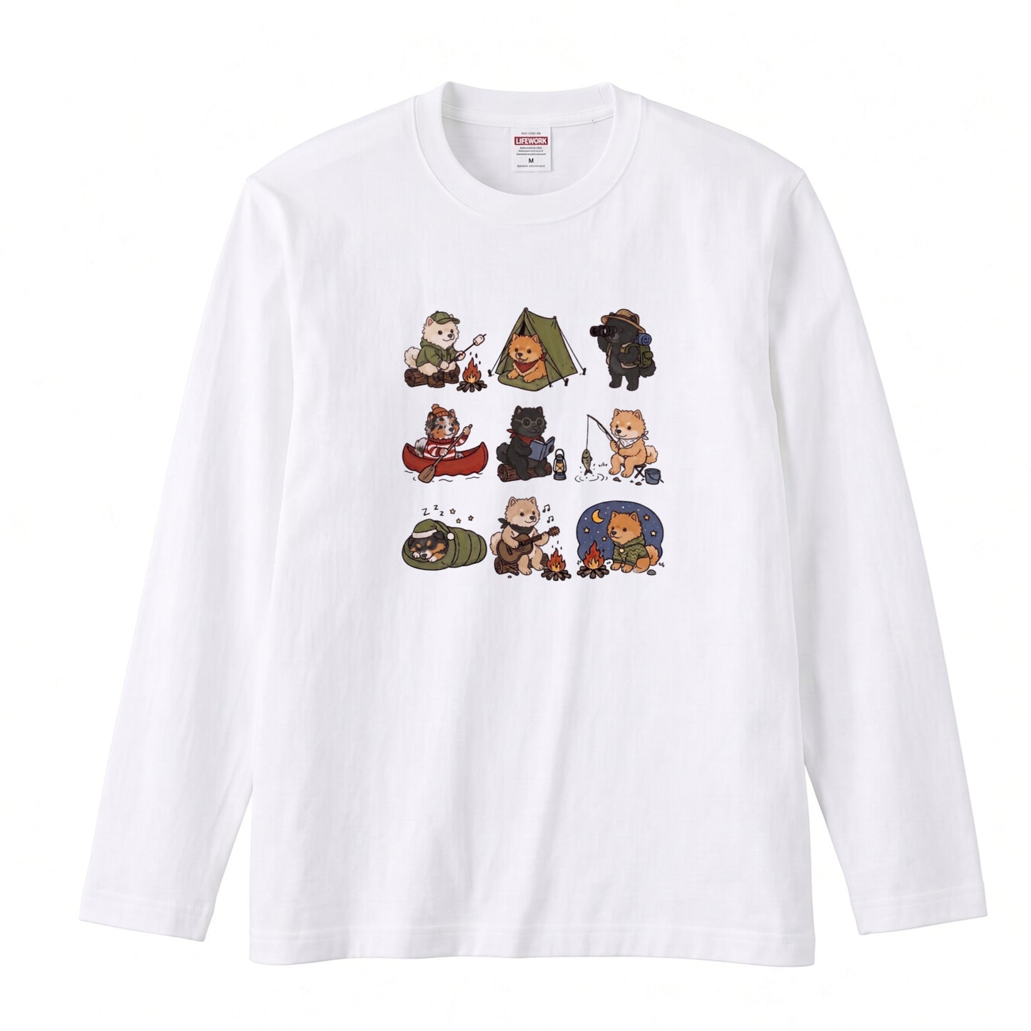 POMERANIAN CAMP | 手描き風 ポメラニアン キャンプギア かわいい グラフィック 長袖Tシャツ【犬雑貨・秋キャンプ・ルームウェア・ギフトに最適】