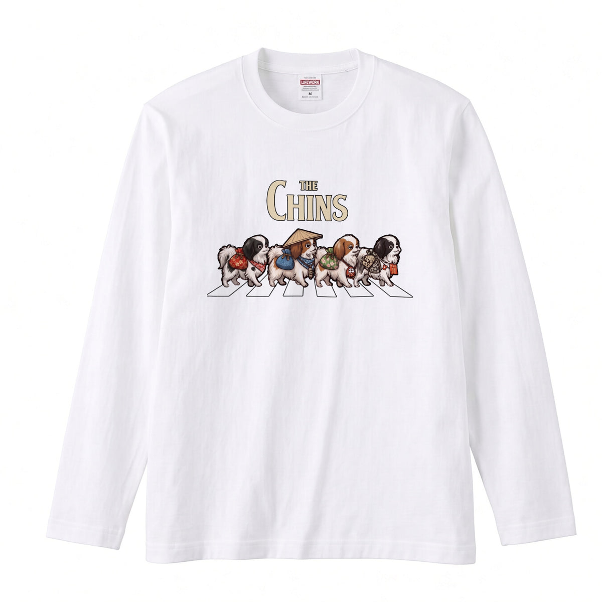 THE CHINS 狆（ちん）散歩デザイン ブラック長袖Tシャツ