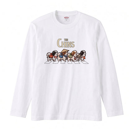 THE CHINS 狆（ちん）散歩デザイン ブラック長袖Tシャツ