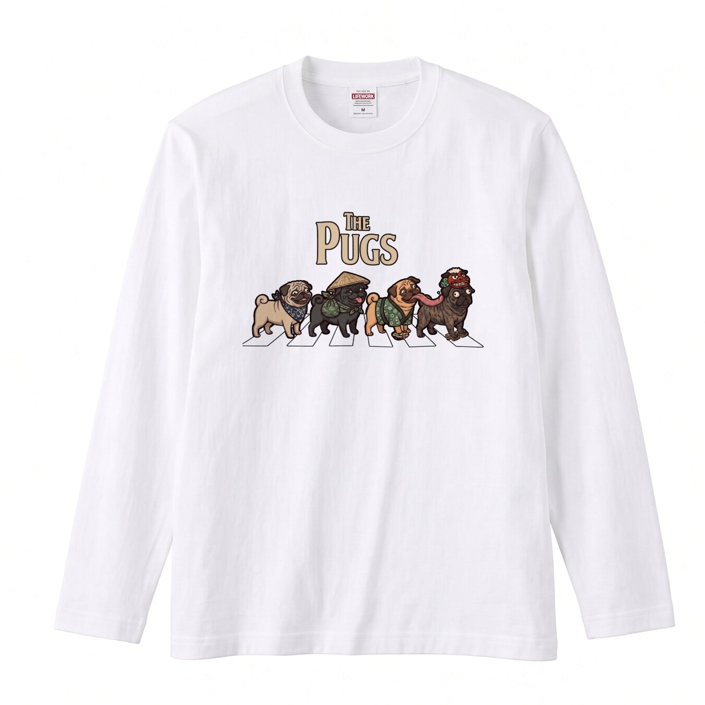 THE PUGS パグ散歩デザイン ブラック長袖Tシャツ