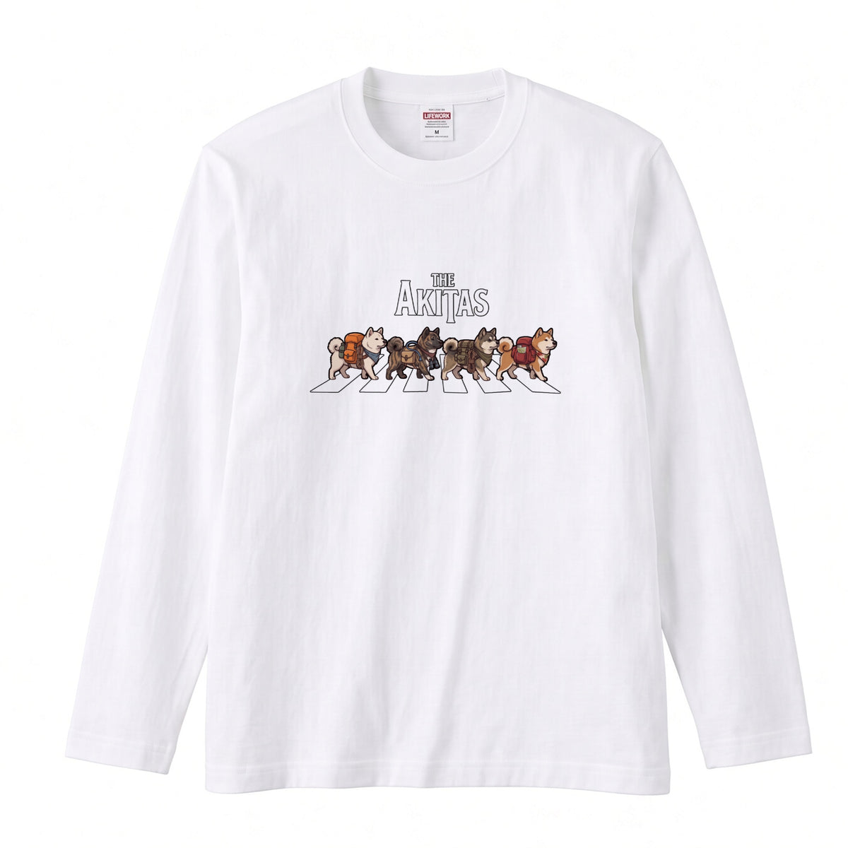 THE AKITAS | 秋田犬 横断歩道 バンド風 ロンT 長袖Tシャツ 日本犬 犬好き ロック【秋田犬グッズ・愛犬家・散歩・おもしろ・かわいい・誕生日ギフトに最適】