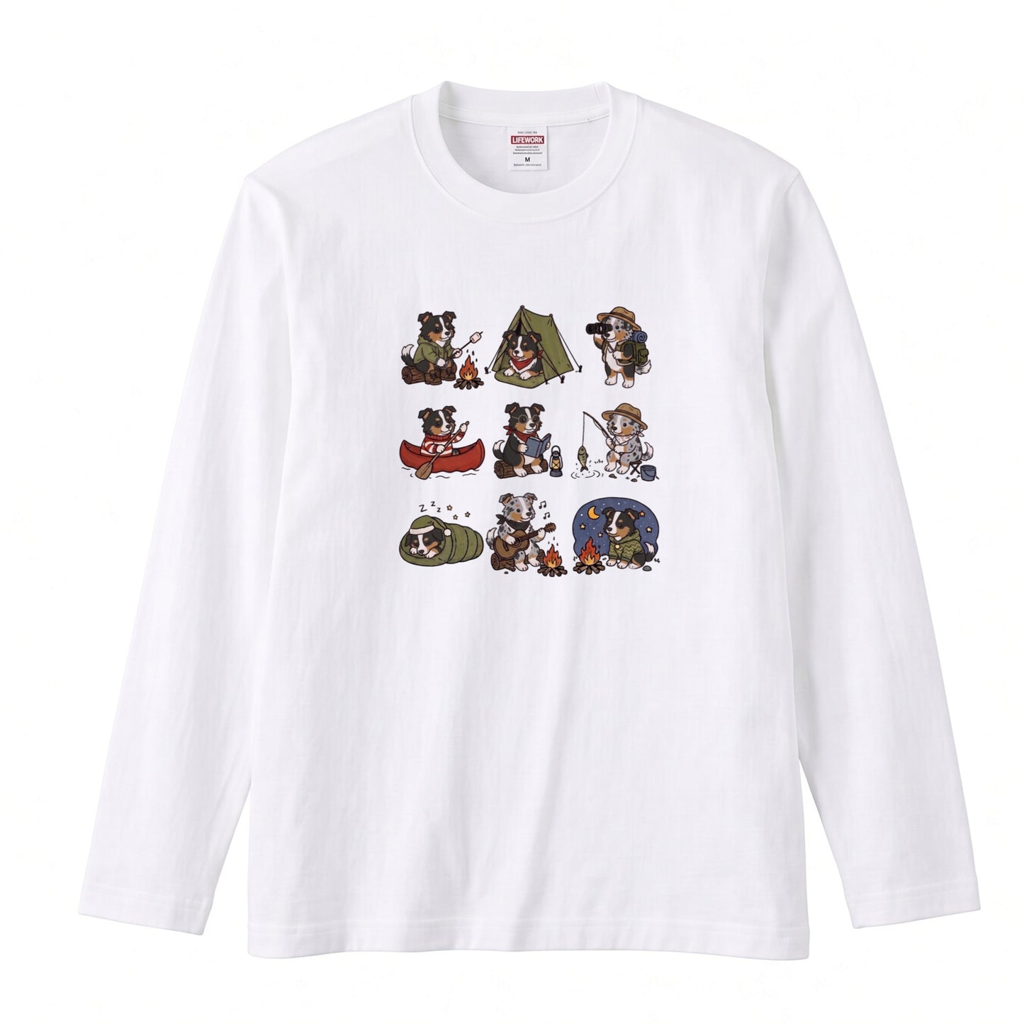 AUSTRALIAN SHEPHERD CAMP | 手描き風 オージー キャンプギア かわいい グラフィック 長袖Tシャツ【犬雑貨・秋キャンプ・ルームウェア・ギフトに最適】