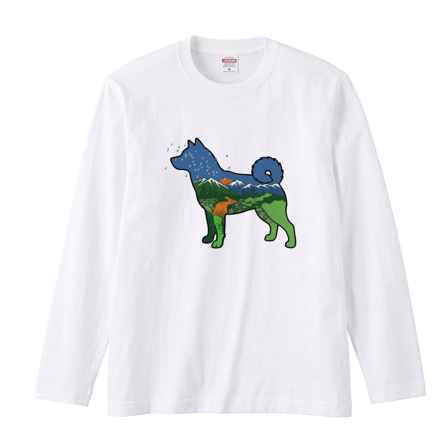 NATURE DOG ロンT | 日本犬シルエット 山と森 アートグラフィック 長袖 カジュアル Tシャツ【ドッグウェア・普段着・ルームウェア・ユニセックス・ギフトに最適】