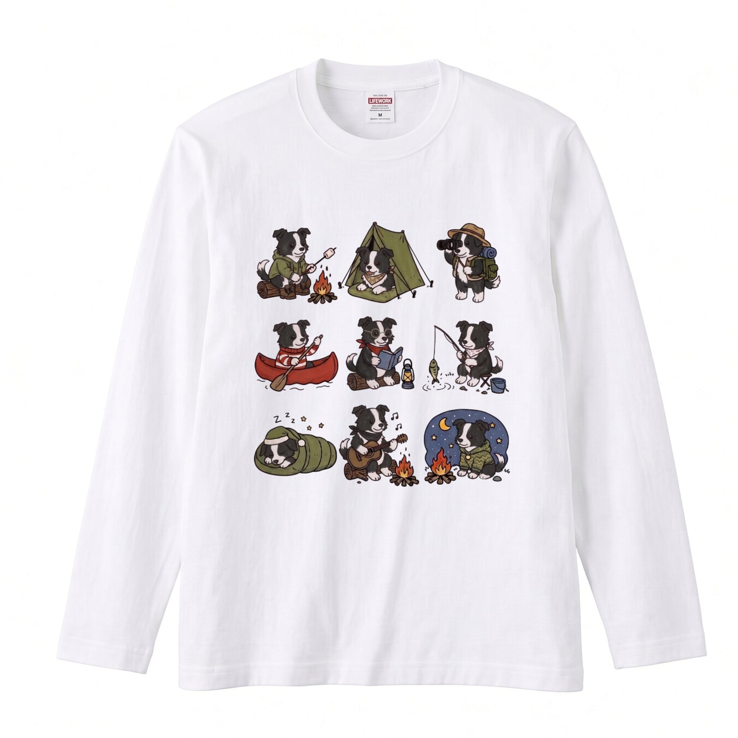 BORDER COLLIE CAMP | 手描き風 ボーダーコリー キャンプギア かわいい グラフィック 長袖Tシャツ【犬雑貨・秋キャンプ・ルームウェア・ギフトに最適】