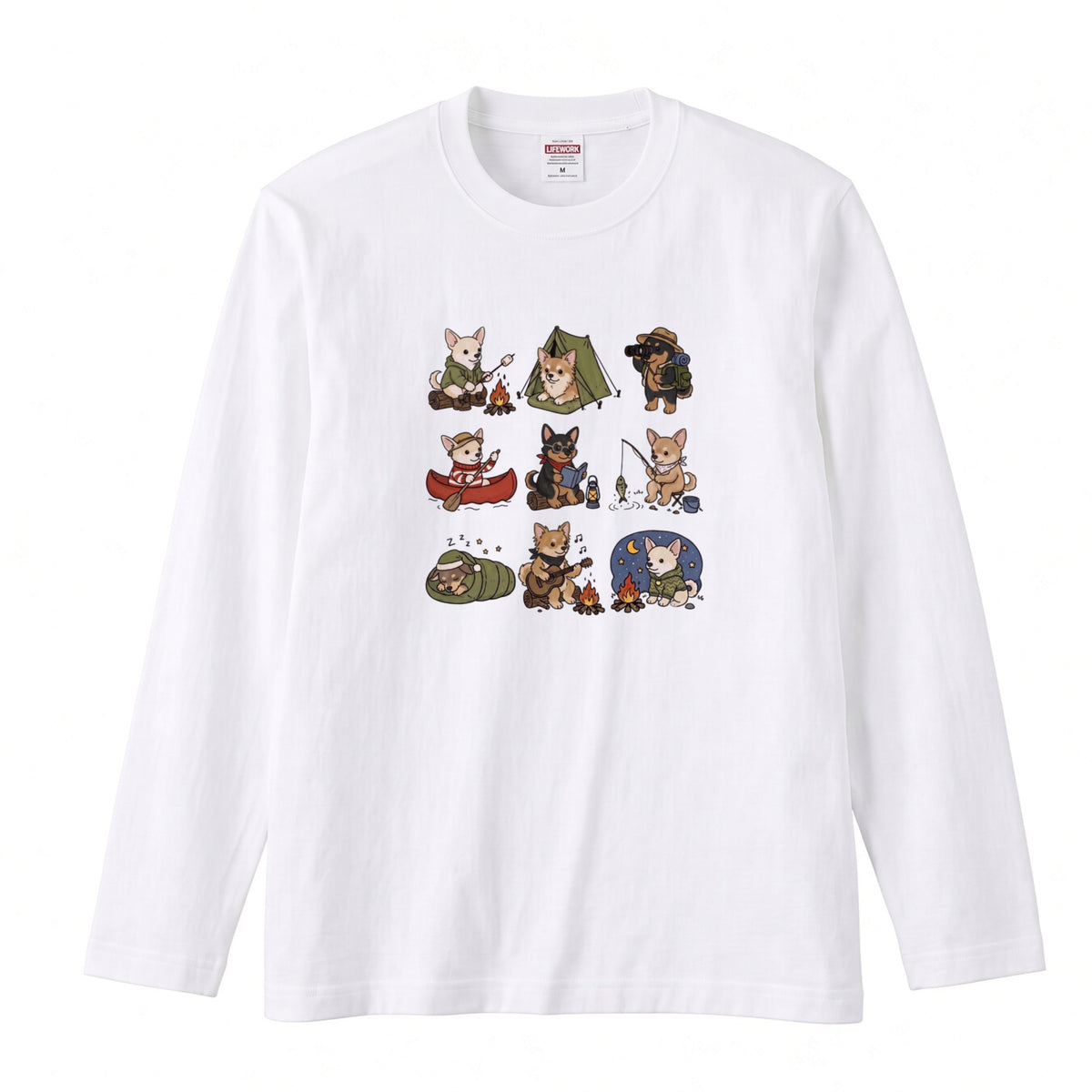 CHIHUAHUA CAMP | 手描き風 チワワ キャンプギア かわいい グラフィック 長袖Tシャツ【犬雑貨・秋キャンプ・ルームウェア・ギフトに最適】