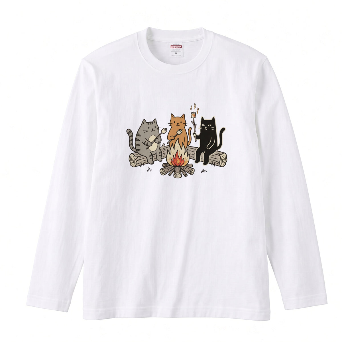 猫たちの焚き火マシュマロ 長袖Tシャツ