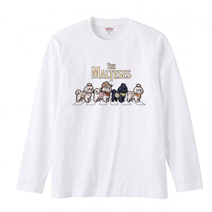 THE MALTESES マルチーズ散歩デザイン ブラック長袖Tシャツ