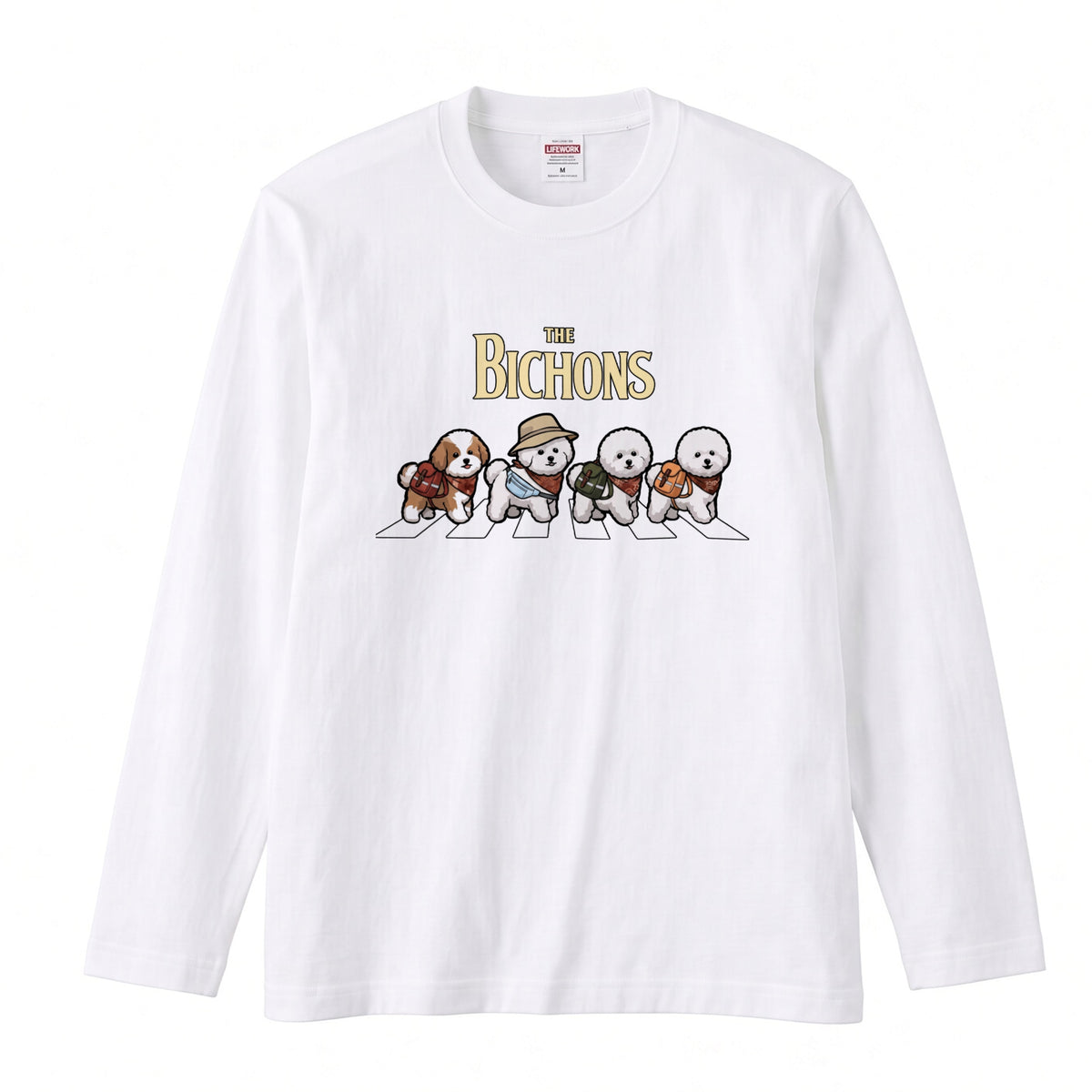 THE BICHONS ビションフリーゼ散歩デザイン ブラック長袖Tシャツ