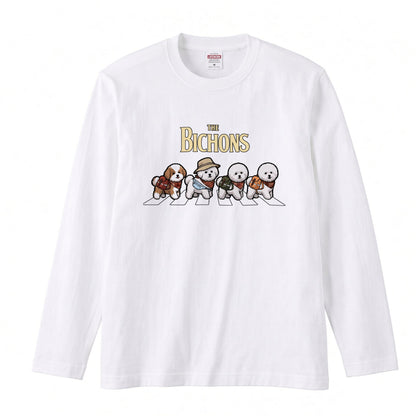 THE BICHONS ビションフリーゼ散歩デザイン ブラック長袖Tシャツ