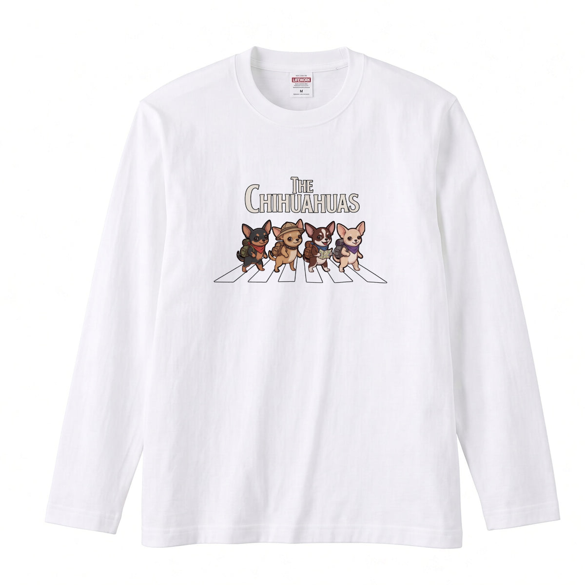 THE CHIHUAHUAS | チワワ 横断歩道 バンド風 ロンT 長袖Tシャツ 犬好き ロック【チワワグッズ・愛犬家・散歩・おもしろ・かわいい・誕生日ギフトに最適】