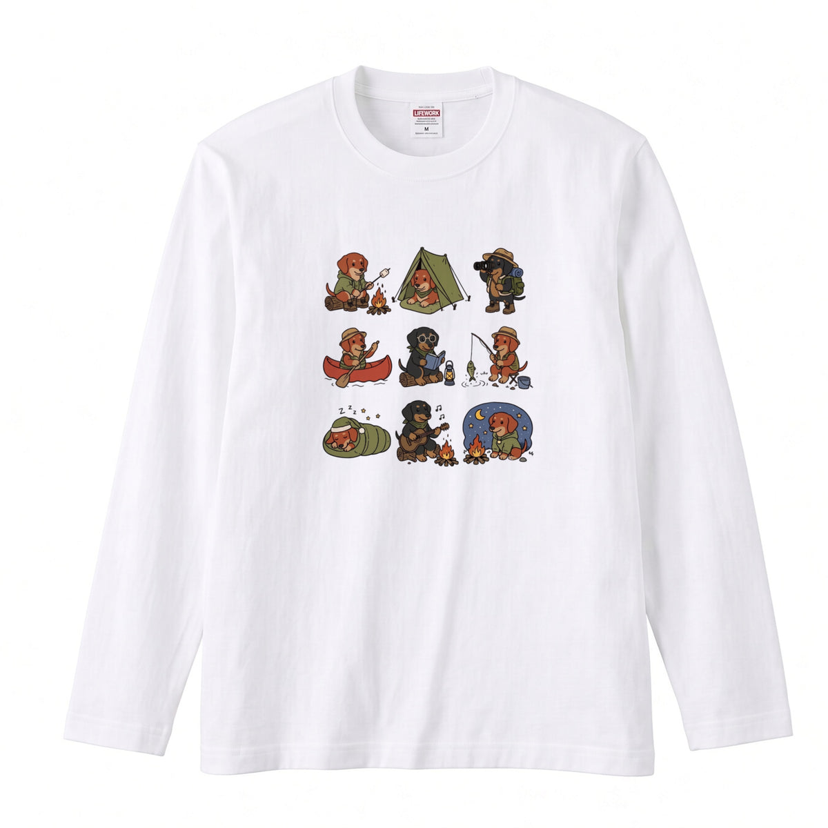 DACHSHUND CAMP | 手描き風 ミニチュアダックス キャンプギア かわいい グラフィック 長袖Tシャツ【犬雑貨・秋キャンプ・ルームウェア・ギフトに最適】