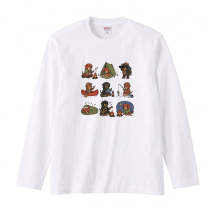 DACHSHUND CAMP | 手描き風 ミニチュアダックス キャンプギア かわいい グラフィック 長袖Tシャツ【犬雑貨・秋キャンプ・ルームウェア・ギフトに最適】