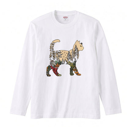 FOREST CAT ロンT | レトロ ボタニカルキャット アートグラフィック 長袖 カジュアル Tシャツ【猫ファッション・普段着・ルームウェア・ユニセックス・ギフトに最適】