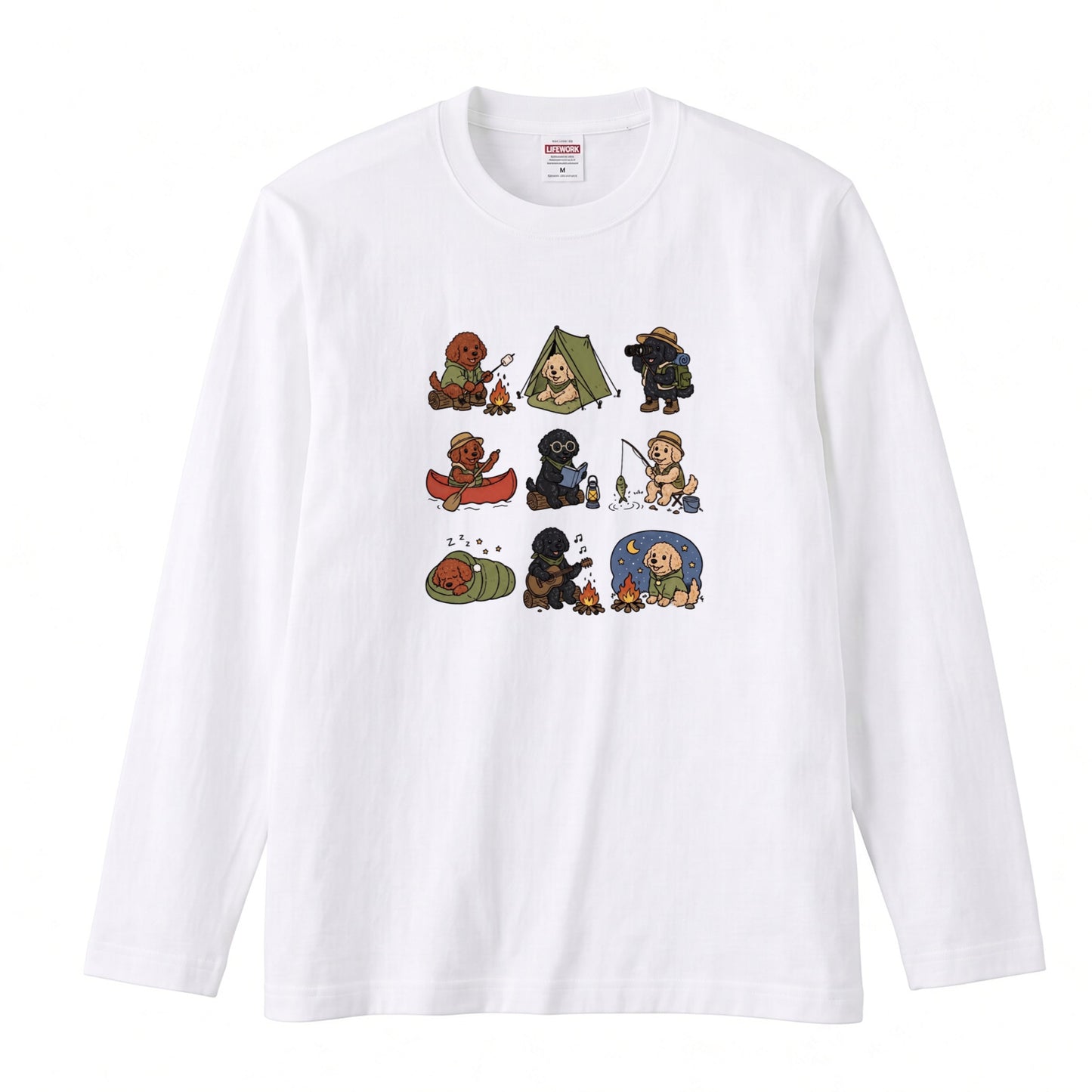 POODLE CAMP | 手描き風 トイプードル キャンプギア かわいい グラフィック 長袖Tシャツ【犬雑貨・秋キャンプ・ルームウェア・ギフトに最適】