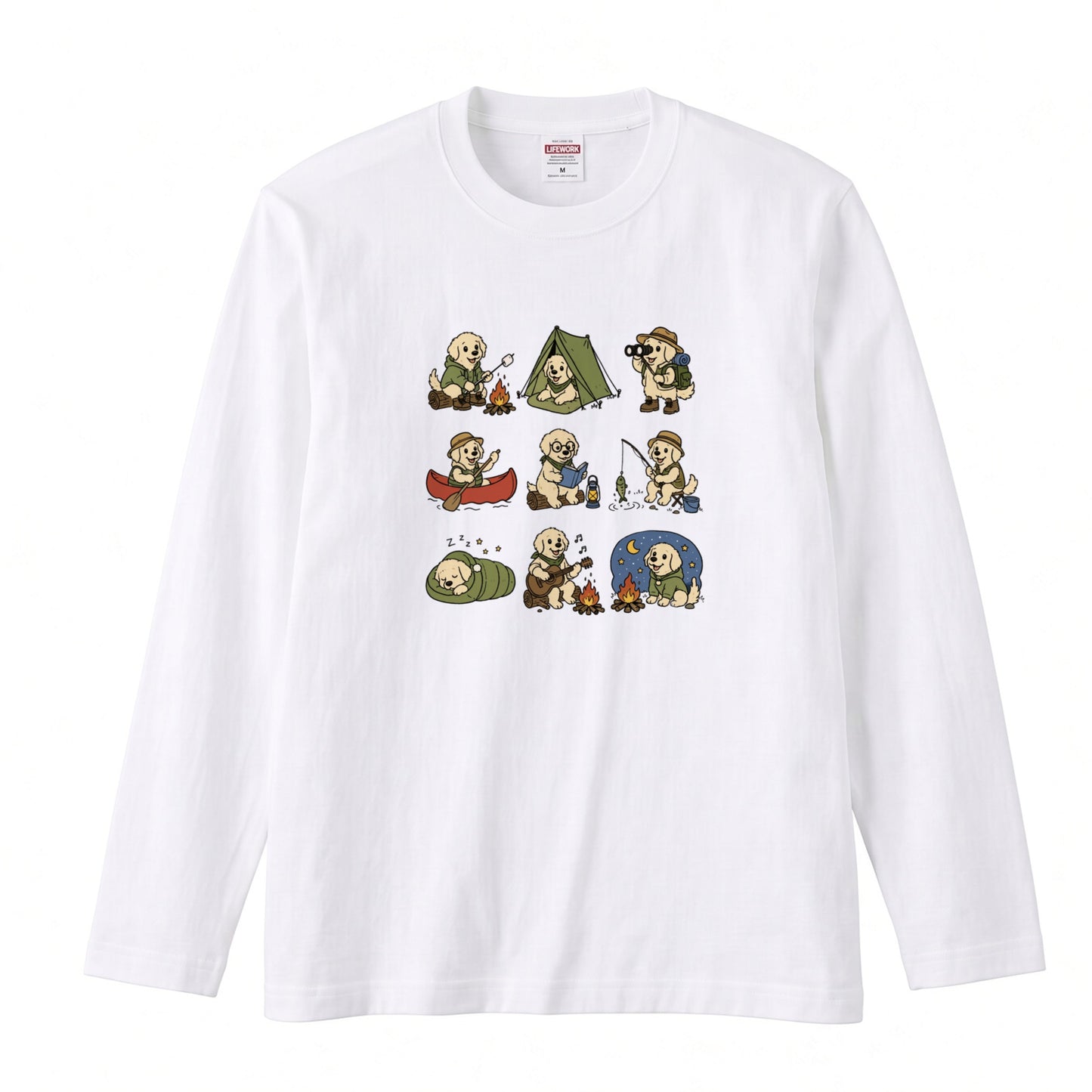 GOLDEN CAMP | 手描き風 ゴールデンレトリバー キャンプギア かわいい グラフィック 長袖Tシャツ【犬雑貨・秋キャンプ・ルームウェア・ギフトに最適】