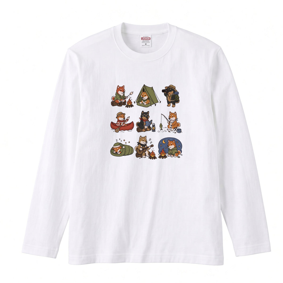 SHIBA CAMP | 手描き風 柴犬 キャンプギア かわいい グラフィック 長袖Tシャツ【和犬雑貨・秋キャンプ・アウトドア・ギフトに最適】