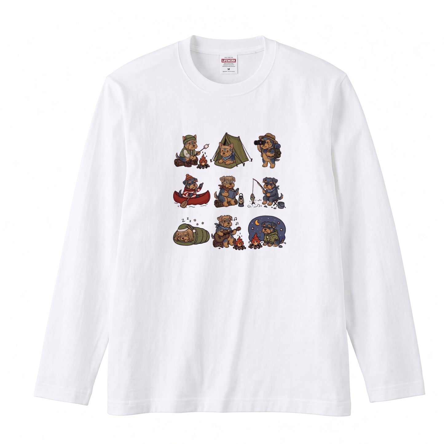 YORKIE CAMP | 手描き風 ヨーキー キャンプギア かわいい グラフィック 長袖Tシャツ【犬雑貨・秋キャンプ・ルームウェア・ギフトに最適】