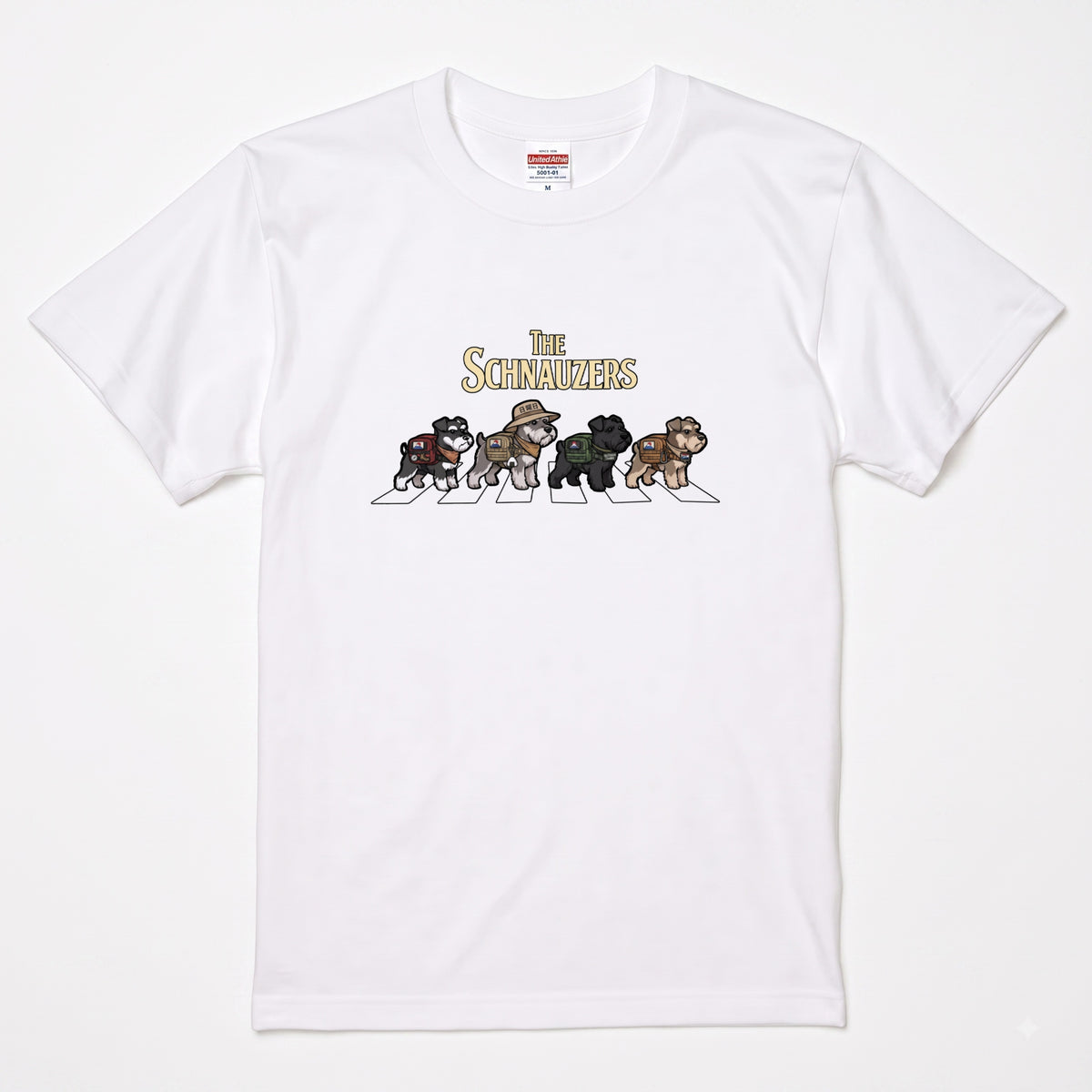 THE SCHNAUZERS 横断歩道 キャンプ ゆるかわ パロディTシャツ 【犬好き・愛犬家・アウトドア・ギフトに最適】