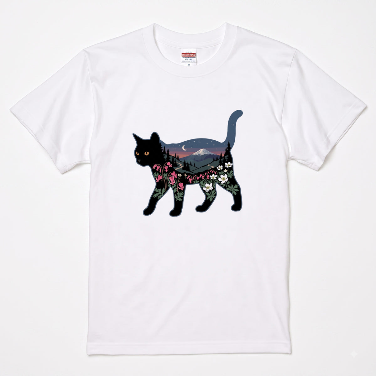 富士山と花咲く夜空 黒猫Tシャツ