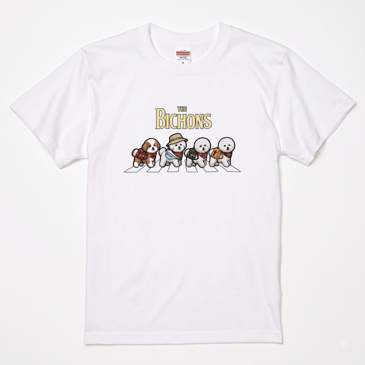 THE BICHONS 横断歩道 キャンプ ゆるかわ パロディTシャツ 【犬好き・愛犬家・アウトドア・ギフトに最適】