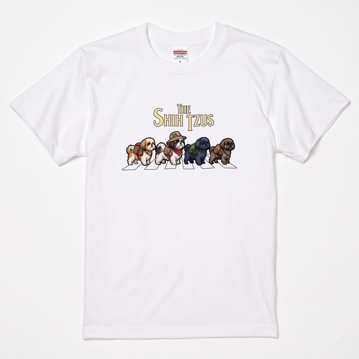 THE SHIH TZUS 横断歩道 キャンプ ゆるかわ パロディTシャツ 【犬好き・愛犬家・アウトドア・ギフトに最適】
