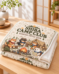 Shiba Camp Club V2 柴犬 キャンプ 総柄 アイボリー ブランケット | モーニングクルー