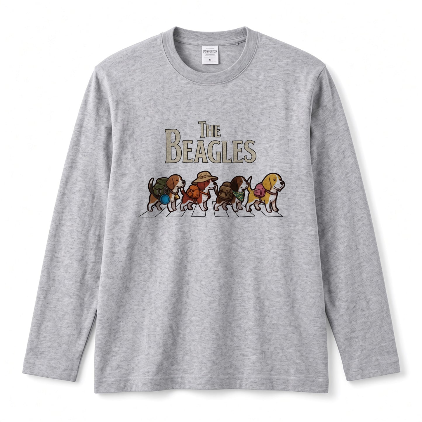 THE BEAGLES ビーグル犬散歩デザイン ホワイト長袖Tシャツ