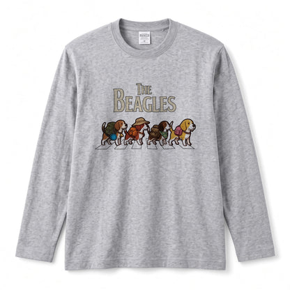 THE BEAGLES ビーグル犬散歩デザイン ホワイト長袖Tシャツ