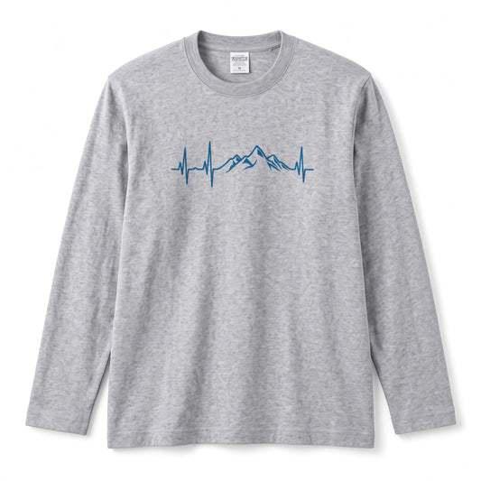 MOUNTAIN BEAT ロンT | ミニマル 山脈グラフィック 心拍数 長袖 カジュアル Tシャツ【アウトドアファッション・普段着・ルームウェア・ユニセックス・ギフトに最適