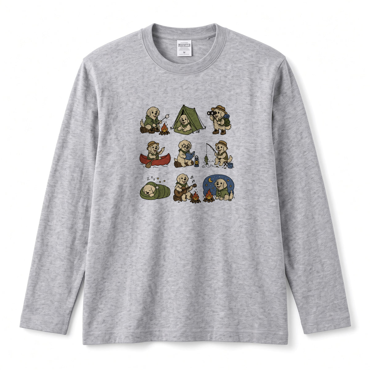GOLDEN CAMP | 手描き風 ゴールデンレトリバー キャンプギア かわいい グラフィック 長袖Tシャツ【犬雑貨・秋キャンプ・ルームウェア・ギフトに最適】