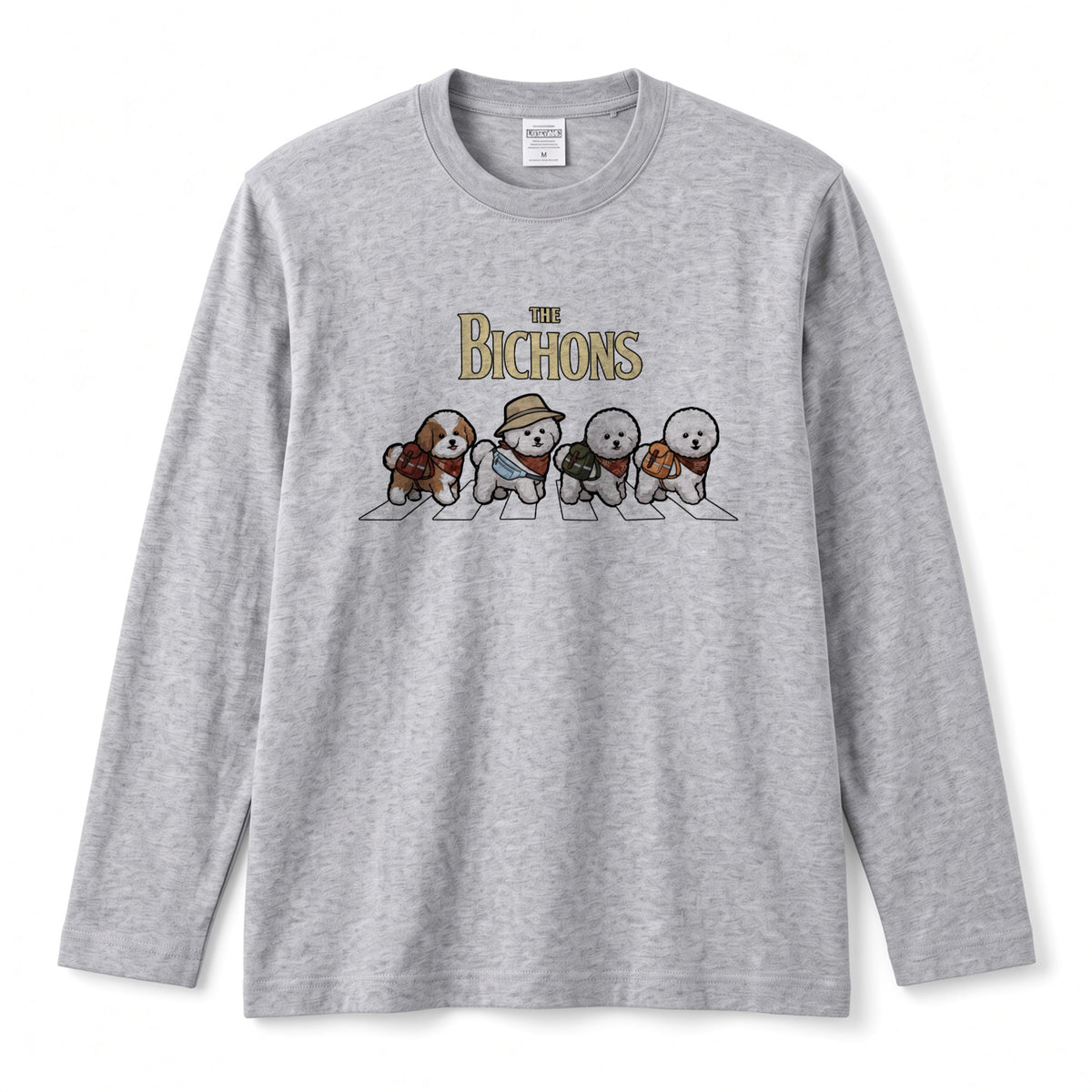 THE BICHONS ビションフリーゼ散歩デザイン ブラック長袖Tシャツ