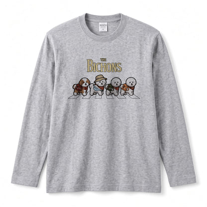 THE BICHONS ビションフリーゼ散歩デザイン ブラック長袖Tシャツ
