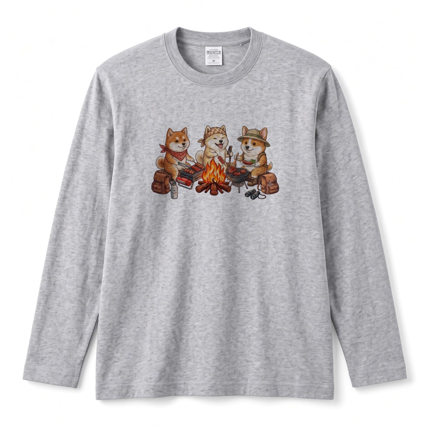柴犬たちの焚き火BBQ 長袖Tシャツ