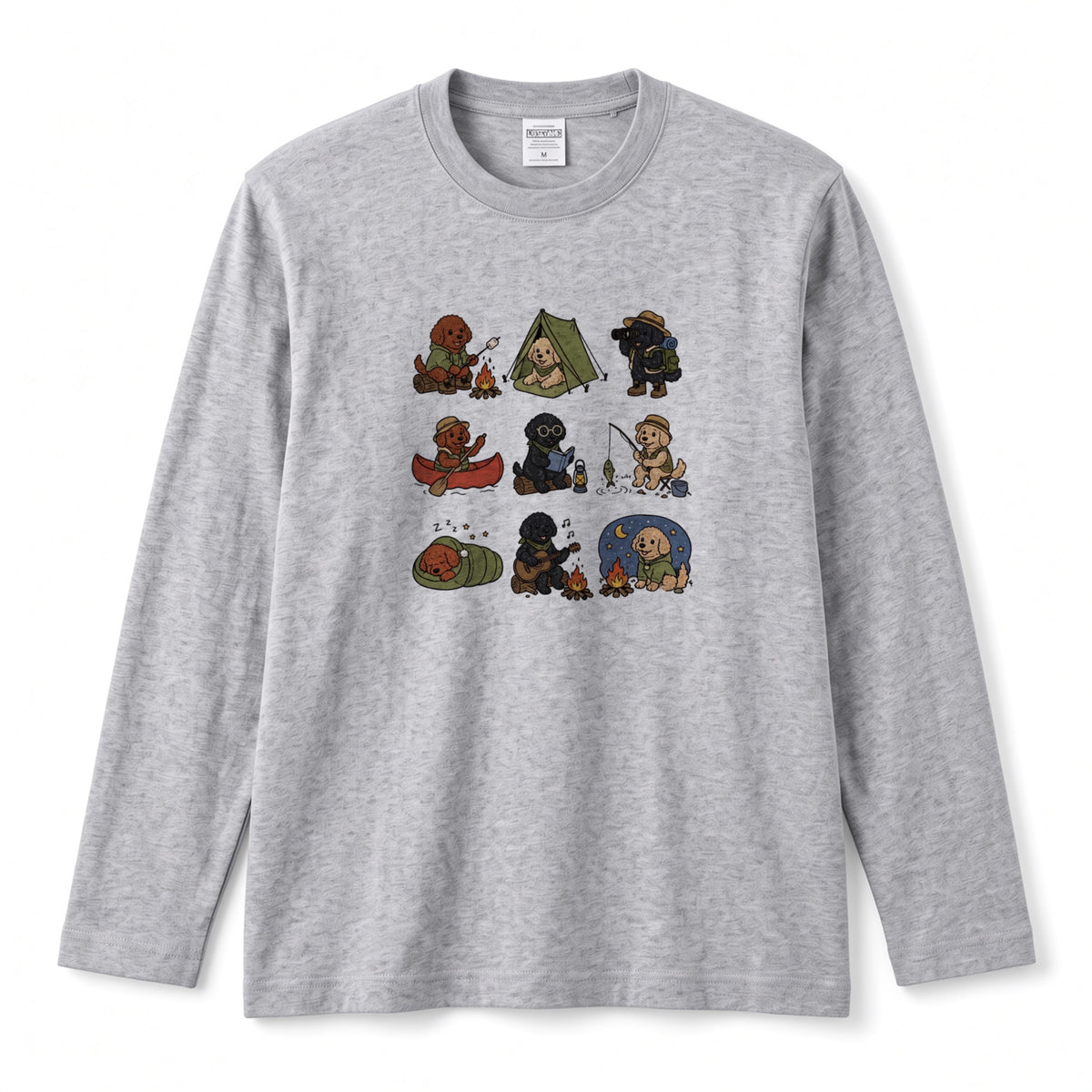 POODLE CAMP | 手描き風 トイプードル キャンプギア かわいい グラフィック 長袖Tシャツ【犬雑貨・秋キャンプ・ルームウェア・ギフトに最適】