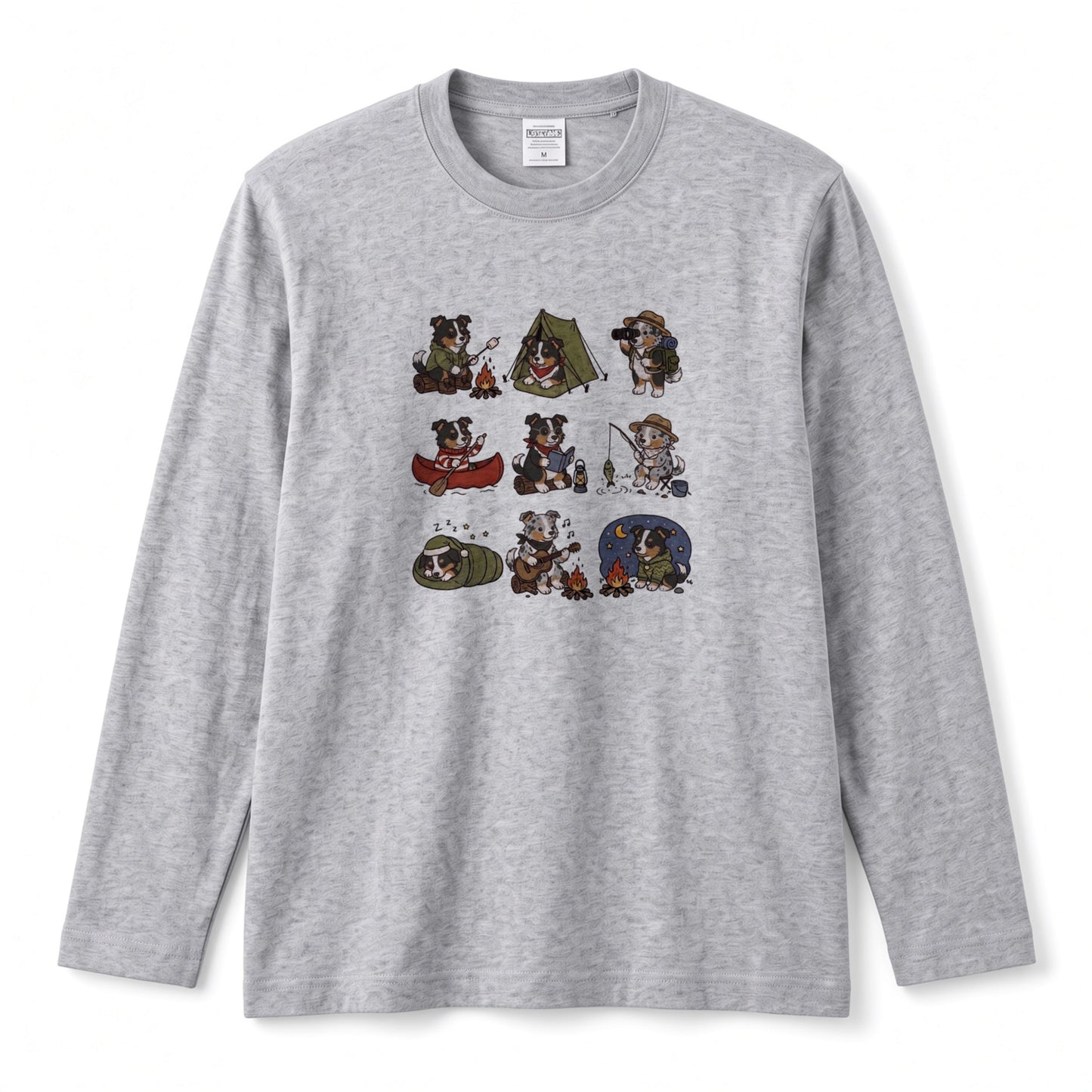 AUSTRALIAN SHEPHERD CAMP | 手描き風 オージー キャンプギア かわいい グラフィック 長袖Tシャツ【犬雑貨・秋キャンプ・ルームウェア・ギフトに最適】
