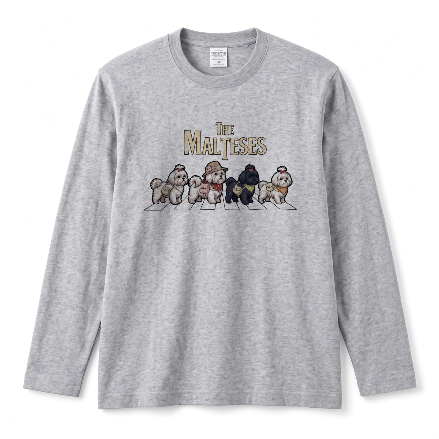 THE MALTESES マルチーズ散歩デザイン ブラック長袖Tシャツ
