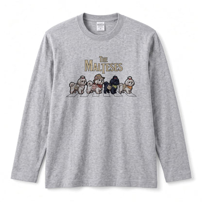 THE MALTESES マルチーズ散歩デザイン ブラック長袖Tシャツ