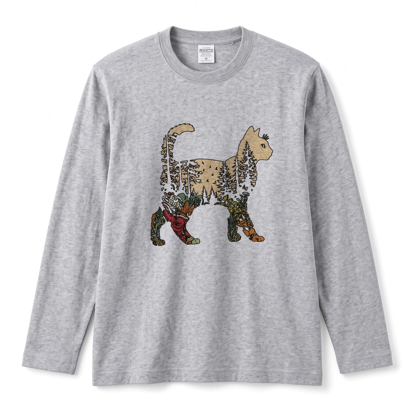 FOREST CAT ロンT | レトロ ボタニカルキャット アートグラフィック 長袖 カジュアル Tシャツ【猫ファッション・普段着・ルームウェア・ユニセックス・ギフトに最適】
