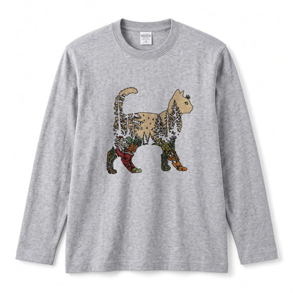 FOREST CAT ロンT | レトロ ボタニカルキャット アートグラフィック 長袖 カジュアル Tシャツ【猫ファッション・普段着・ルームウェア・ユニセックス・ギフトに最適】
