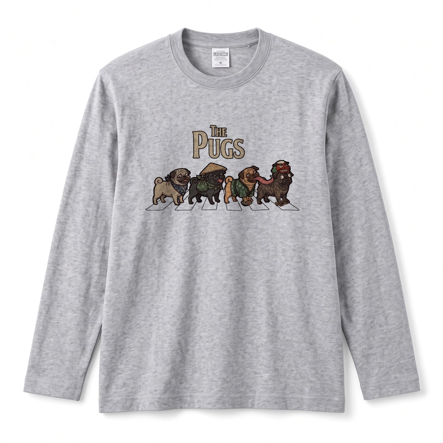 THE PUGS パグ散歩デザイン ブラック長袖Tシャツ